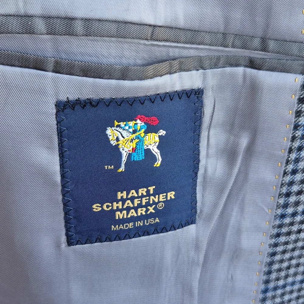 HART SCHAFFNER MARX Blue Grey Black‎ Plaid Wool Blend Sz 40 R Mens Sport Coat